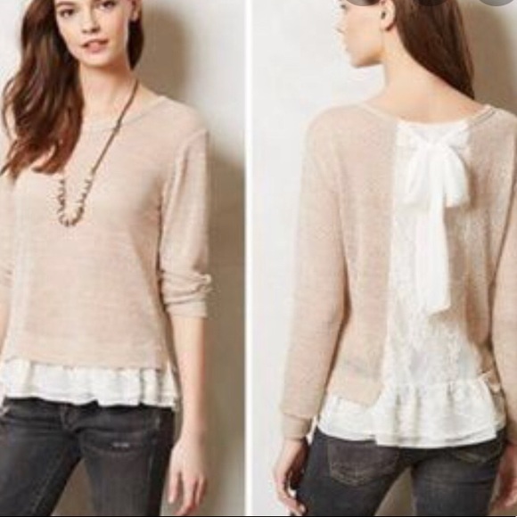 Anthropologie Sweaters - Anthropologie Beige Sweater with White Lace Detail